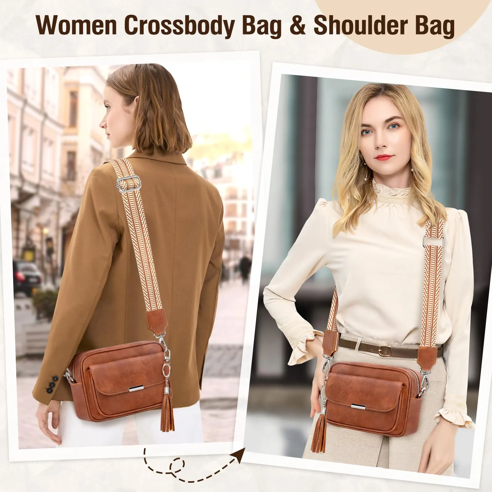 Crossbody Bag Leather Shoulder Bag Medium Handbag with Wide Strap Adjustable Shoulder Bag With Fringes For Travel Shopping