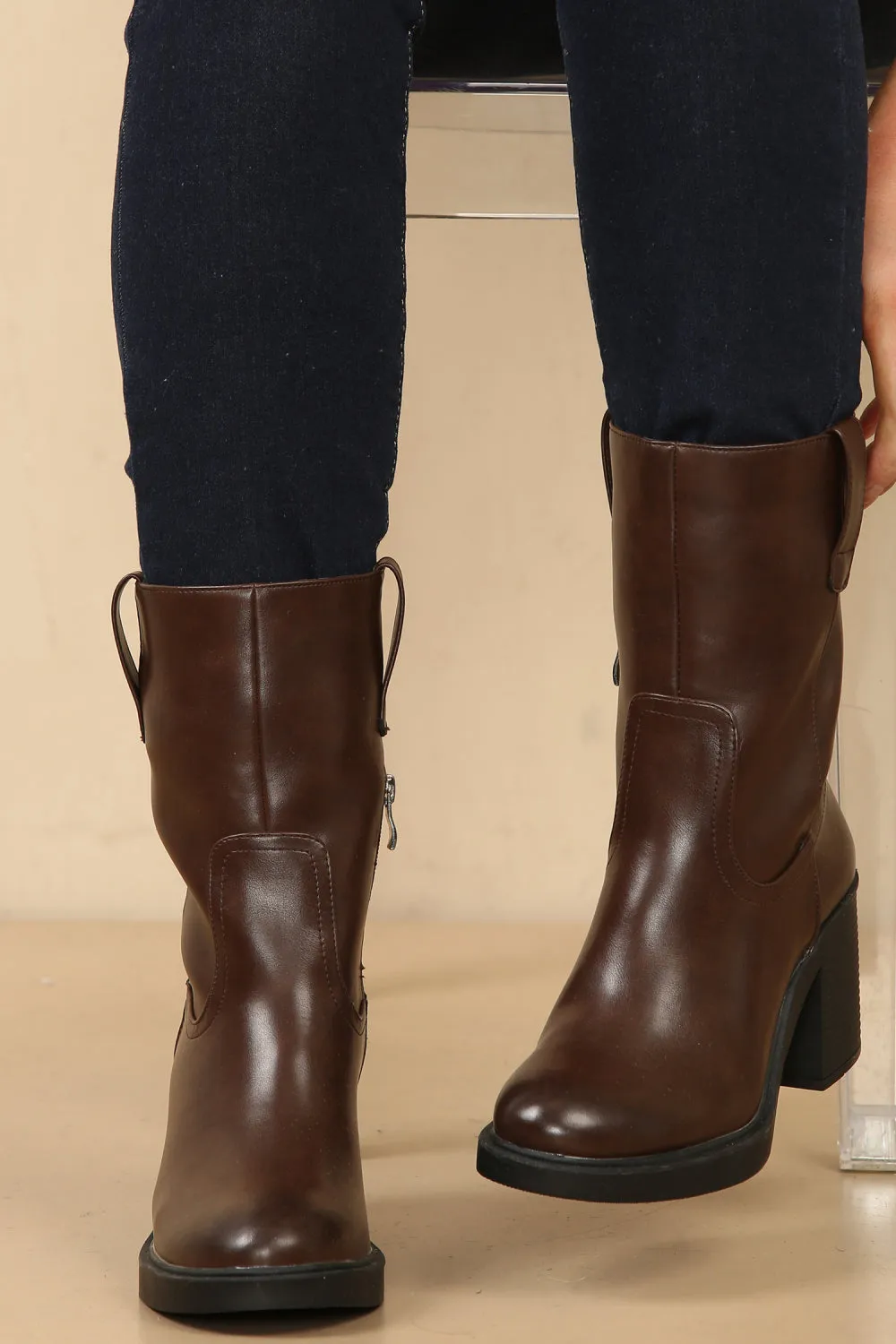 DARK BROWN MID CALF ANKLE BOOT