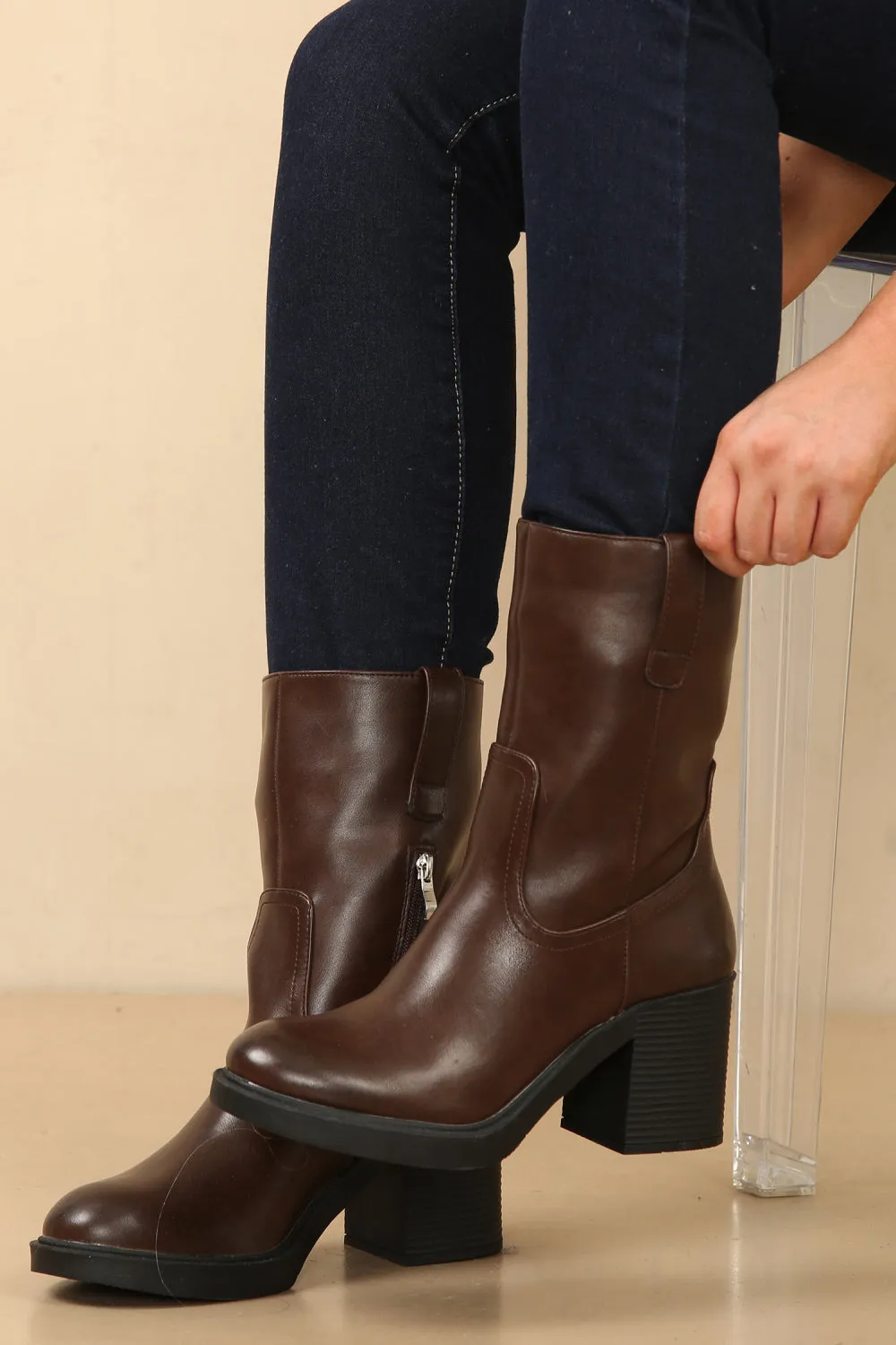 DARK BROWN MID CALF ANKLE BOOT