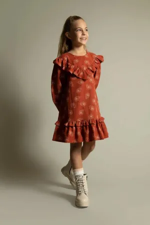 Defacto Girl's Orange Patterned Long Sleeve Cotton Dress