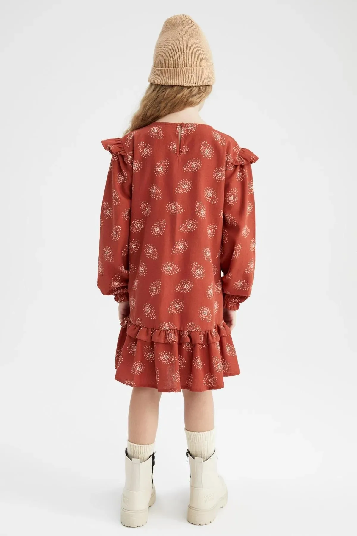 Defacto Girl's Orange Patterned Long Sleeve Cotton Dress