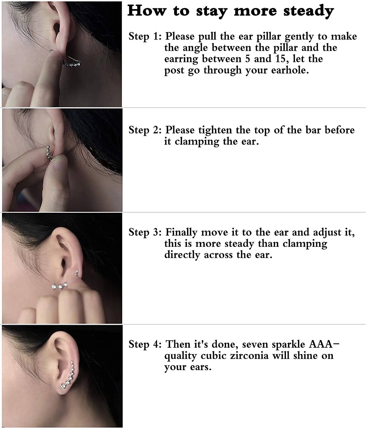Earring for Women Cartilage 7 Crystals Ear Cuffs Hoop Climber S925 Sterling Silver Earrings with Cubic Zirconia CZ Hypoallergenic Piercing Gifts for Her