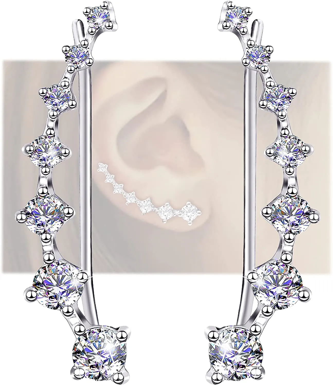 Earring for Women Cartilage 7 Crystals Ear Cuffs Hoop Climber S925 Sterling Silver Earrings with Cubic Zirconia CZ Hypoallergenic Piercing Gifts for Her