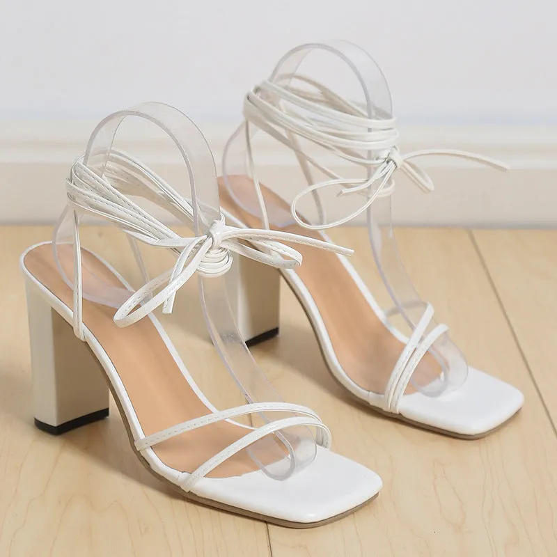 Fashion Lace Up Strappy Summer Chunky Heel Sandals