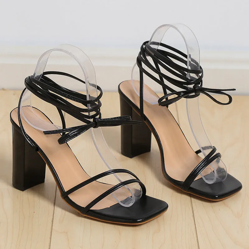 Fashion Lace Up Strappy Summer Chunky Heel Sandals