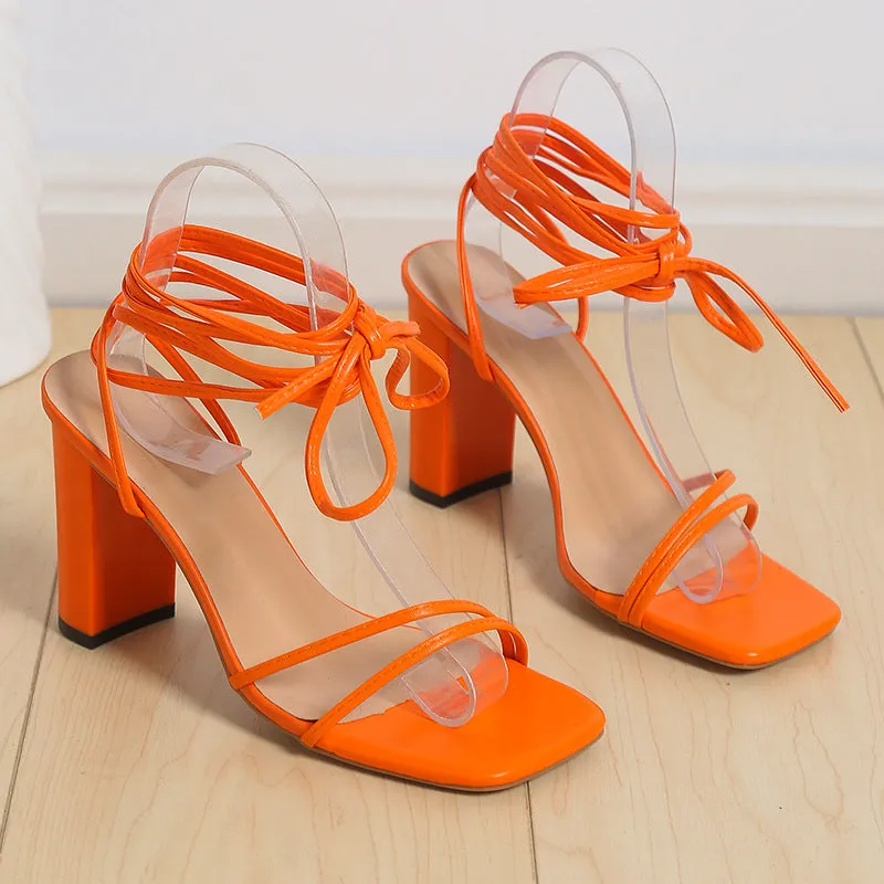 Fashion Lace Up Strappy Summer Chunky Heel Sandals