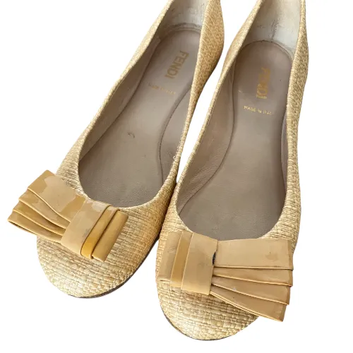 FENDI Beige Raffia Woven Patent Leather Bow Detail Ballet Flats, Size 36.5
