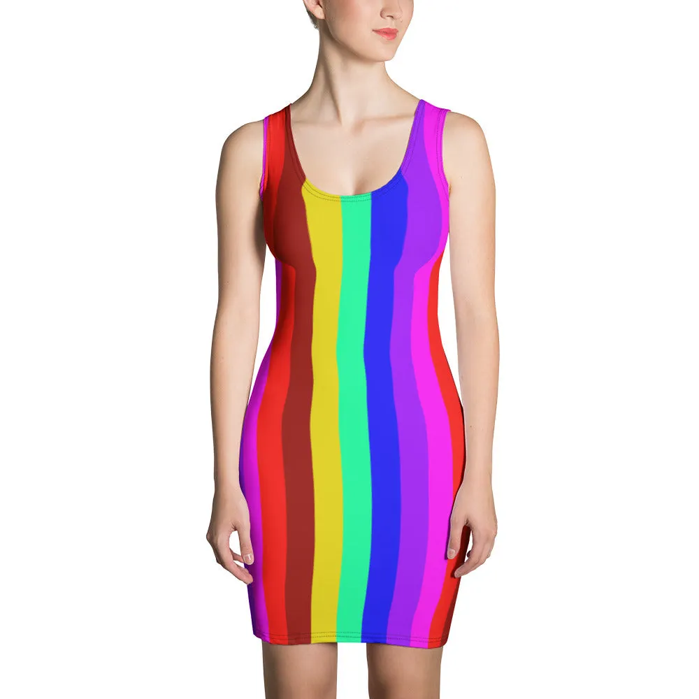 Gay Pride Women's Dress, Best Designer Striped Rainbow Colorful Print Women's One-Piece Long Best Dress- Made in USA