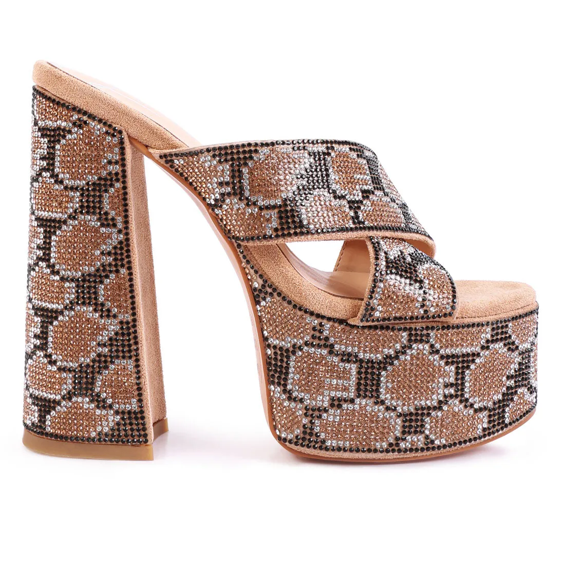 Gold Platform Patterned Diamante Slides