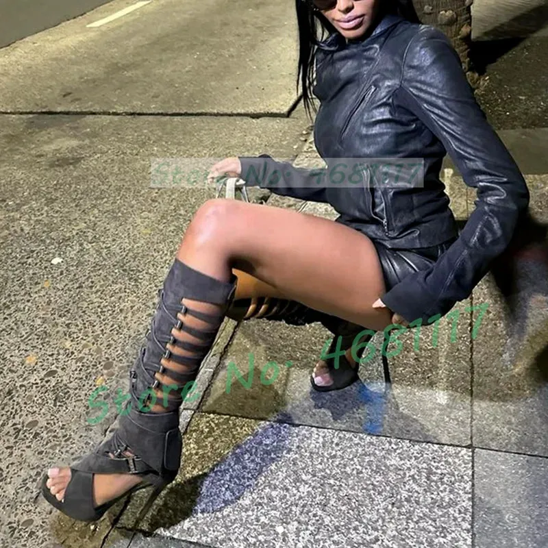 Grey Belt Buckles Tall Hollow Boots