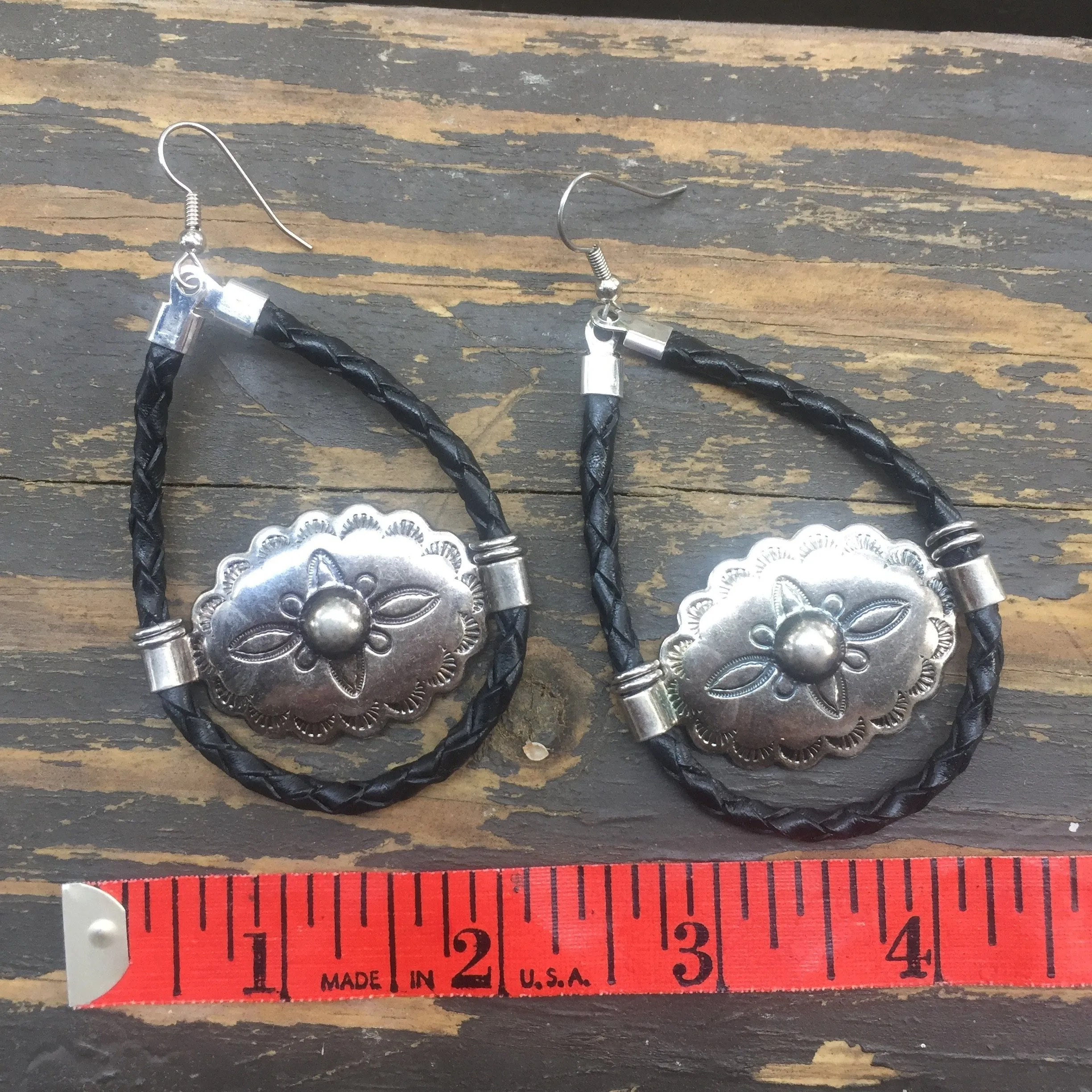 Gunmetal & Black Bolo Cord Concho Earrings