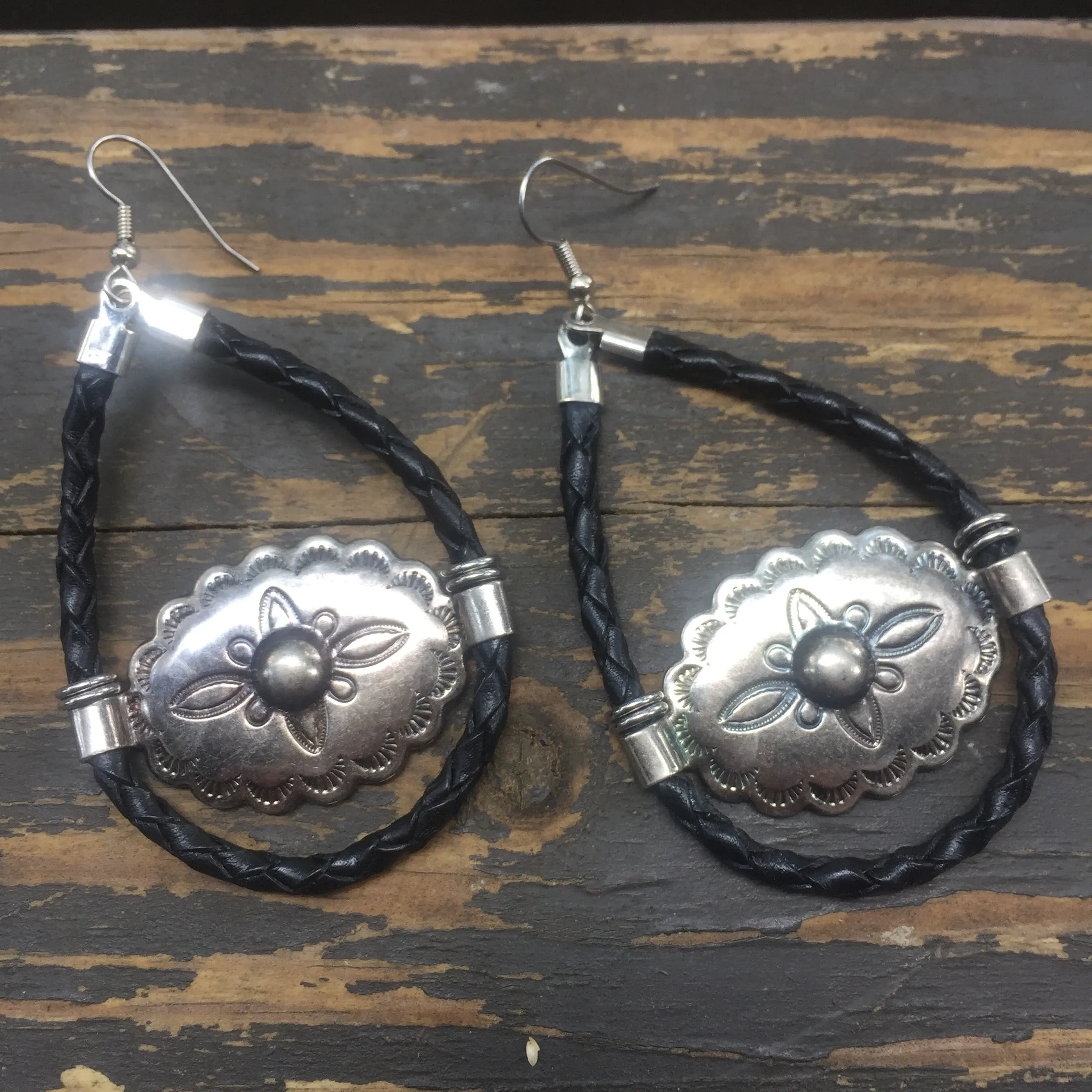 Gunmetal & Black Bolo Cord Concho Earrings