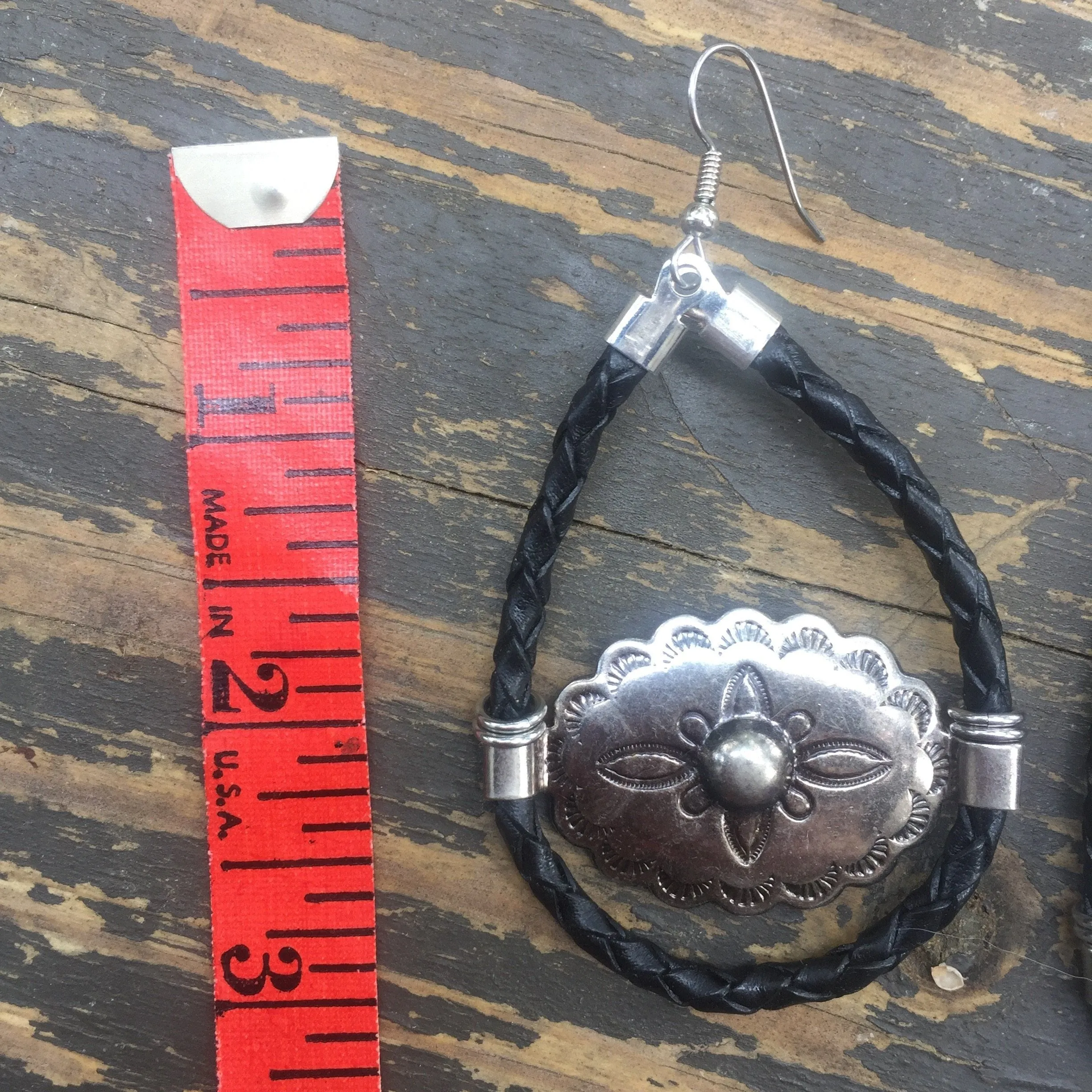 Gunmetal & Black Bolo Cord Concho Earrings