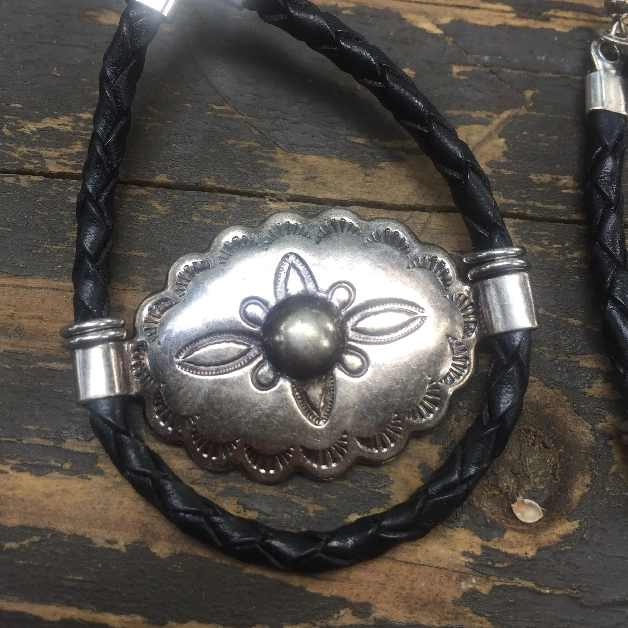 Gunmetal & Black Bolo Cord Concho Earrings