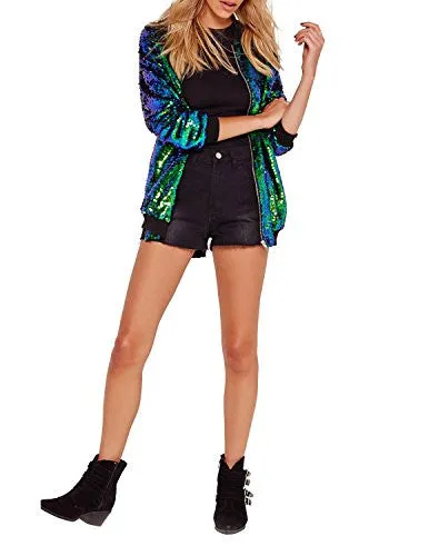 HaoDuoYi Womens Long Sleeve Zipper Front Bomber Jacket(L,Green)