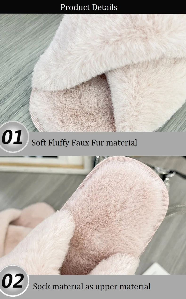 Hnzxzm Winter Women House Cross Band Slippers Fluffy Fur Fashion Warm Shoes Woman Slip on Flats Female Slides House Cozy Home Slippers