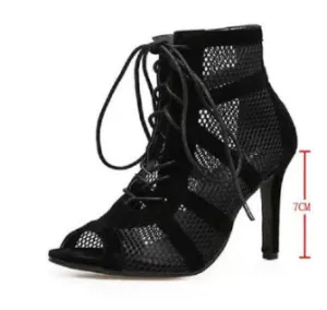 kamames Black Net Suede Fashionable Cross-Tie Large Size Fish Mouth Sexy High-Heeled Lace-Up Women's Shoes