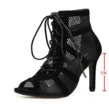 kamames Black Net Suede Fashionable Cross-Tie Large Size Fish Mouth Sexy High-Heeled Lace-Up Women's Shoes