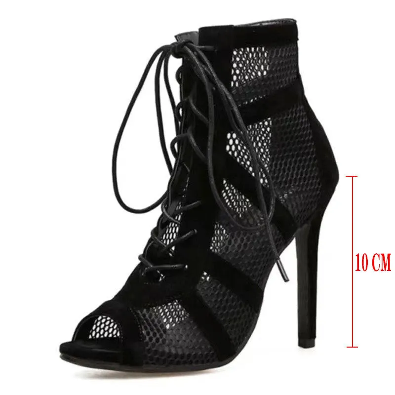 kamames Black Net Suede Fashionable Cross-Tie Large Size Fish Mouth Sexy High-Heeled Lace-Up Women's Shoes