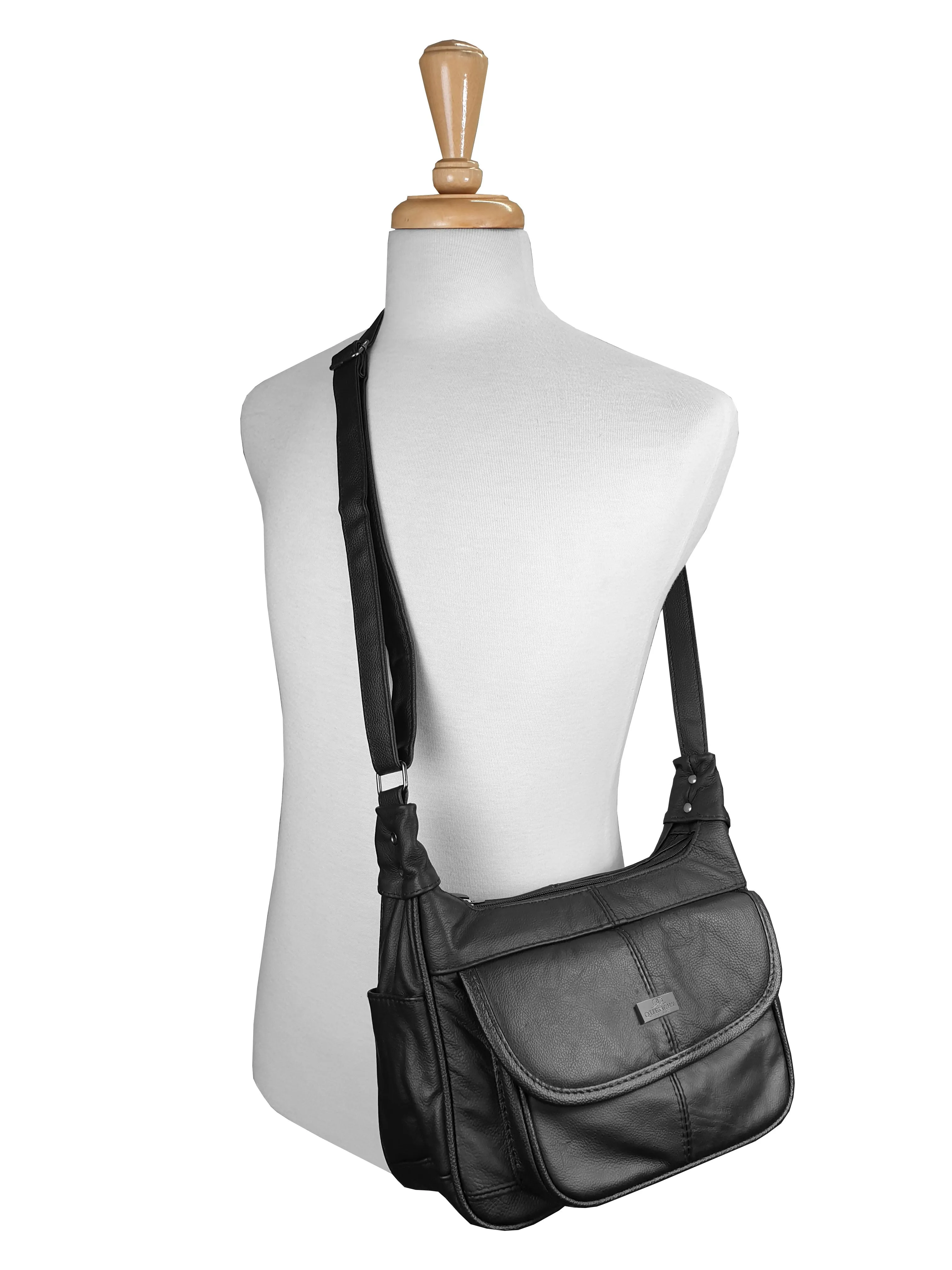 Ladies Real Leather Shoulder Bag - Women's Cross Body Black Handbag
