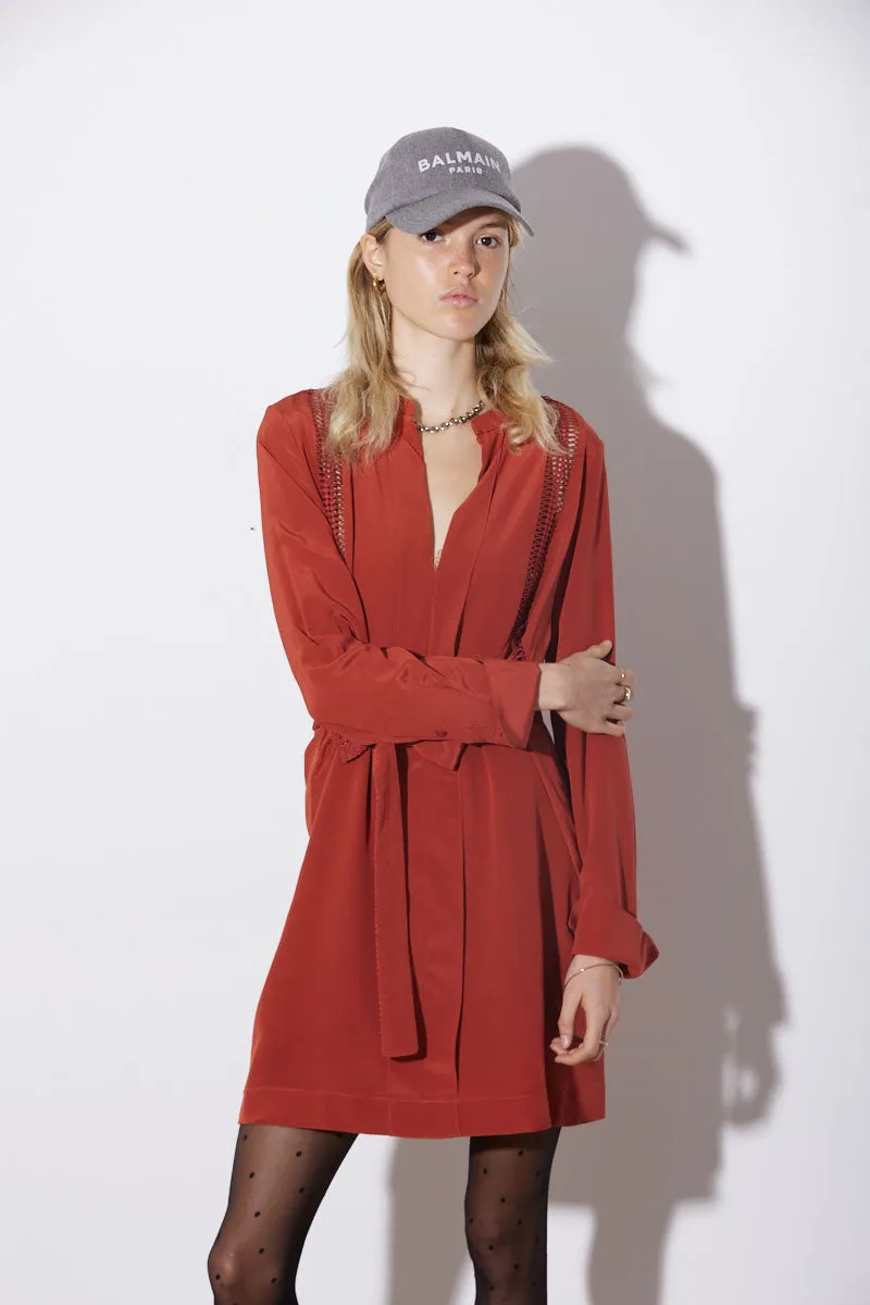 LATTICE DRESS BURNT HENNA MINI
