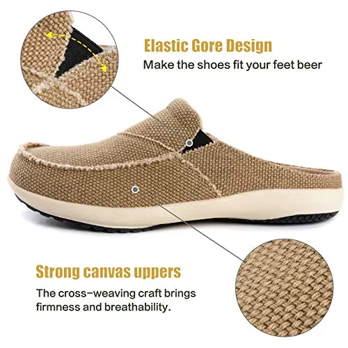 LazyStep Men's Cozy Slippers with Arch Support, Casual Canvas House Slippers with Vlevet Lining, Slip on Clog House Shoes with Anti-Skid Indoor Outdoor Rubber Sole, Khaki, Size 12