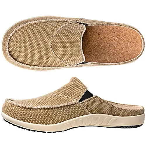 LazyStep Men's Cozy Slippers with Arch Support, Casual Canvas House Slippers with Vlevet Lining, Slip on Clog House Shoes with Anti-Skid Indoor Outdoor Rubber Sole, Khaki, Size 12
