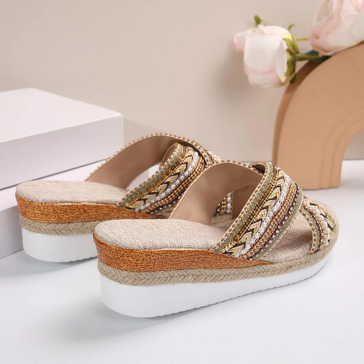 Linen Wedge Ethnic-Style Cross-Strap Non-Slip Summer Slides Sandals