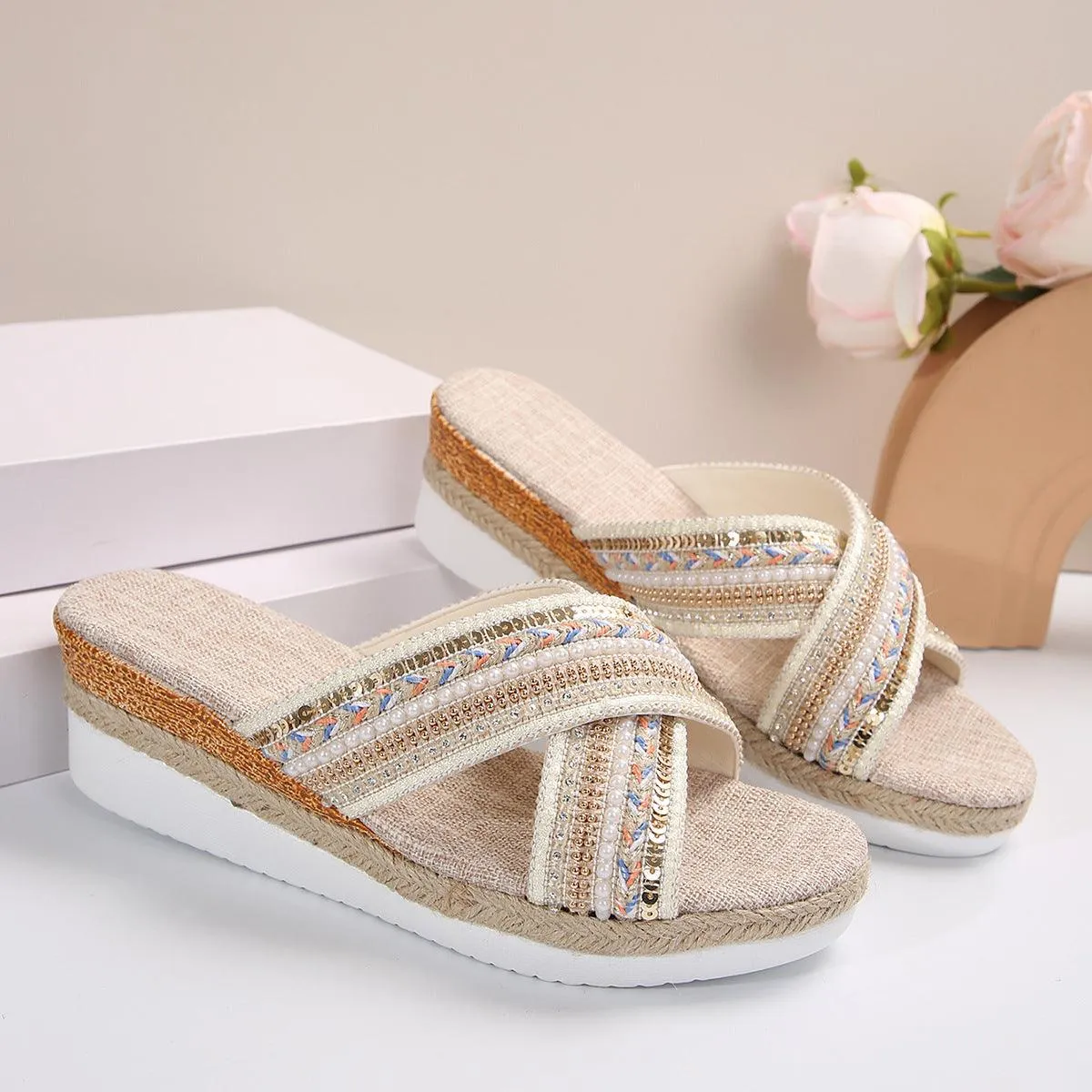 Linen Wedge Ethnic-Style Cross-Strap Non-Slip Summer Slides Sandals