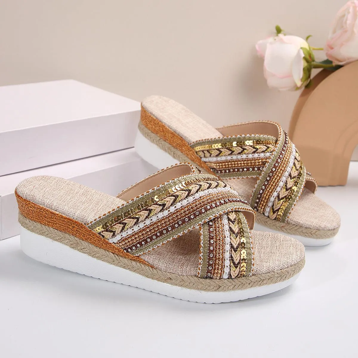 Linen Wedge Ethnic-Style Cross-Strap Non-Slip Summer Slides Sandals