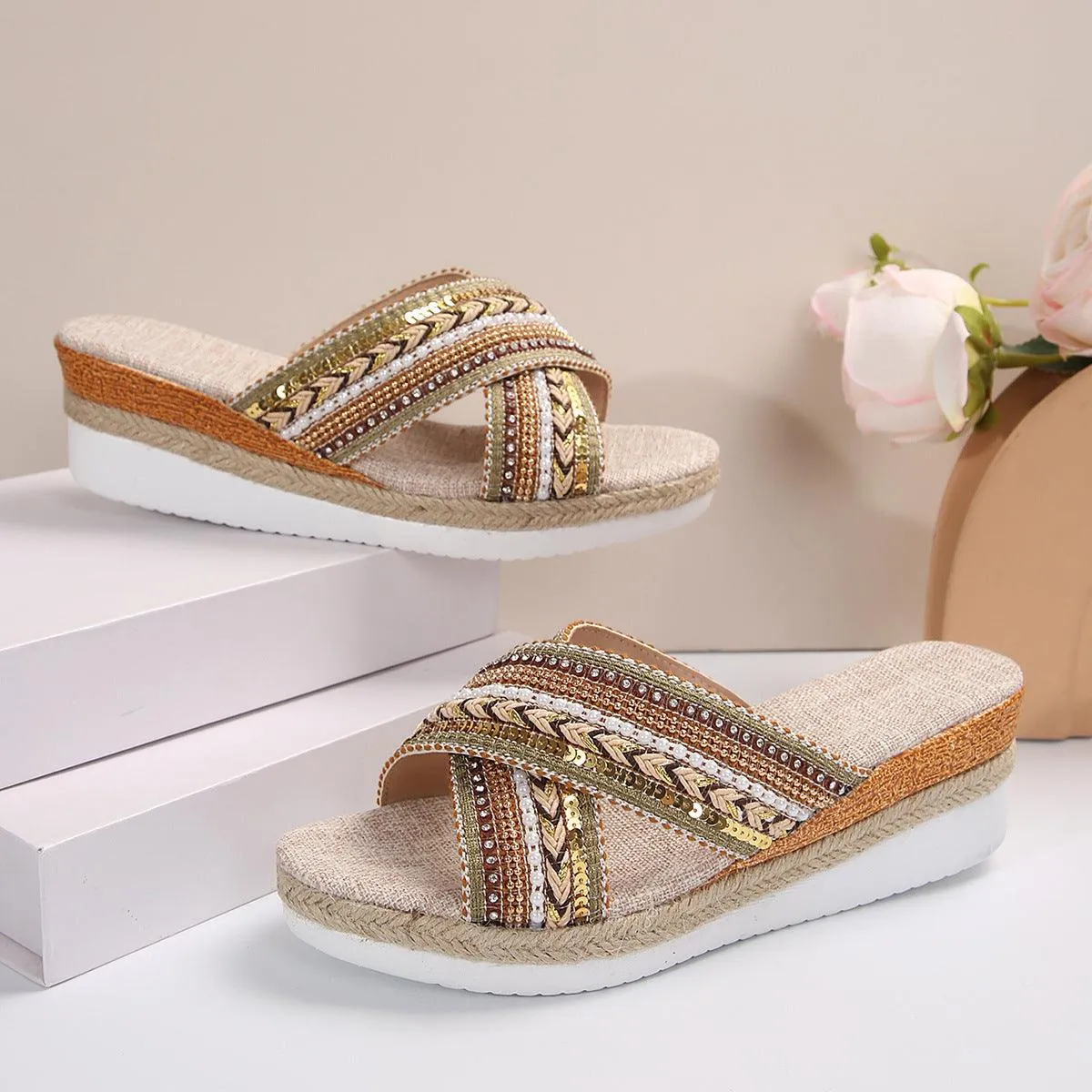 Linen Wedge Ethnic-Style Cross-Strap Non-Slip Summer Slides Sandals