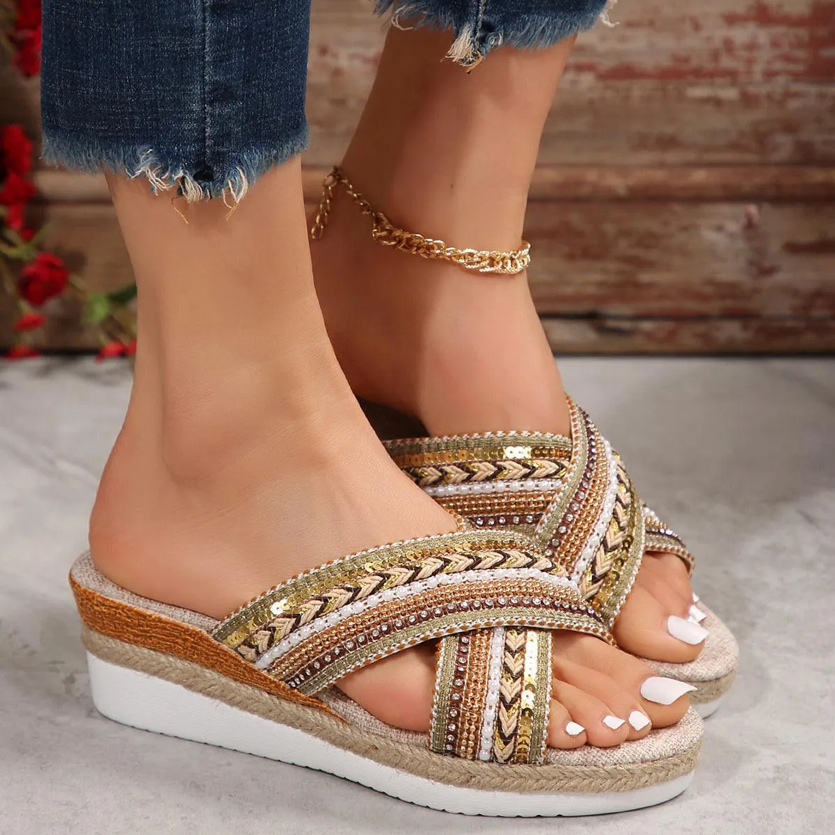 Linen Wedge Ethnic-Style Cross-Strap Non-Slip Summer Slides Sandals