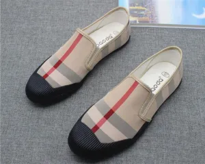 Men Canvas Leather Loafers Shoes Khaki Red Stripe