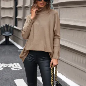 PEOPLETERRITORY 2025  pullover sweater autumn button-decorated sweater fashionable simple turtleneck knitted sweater