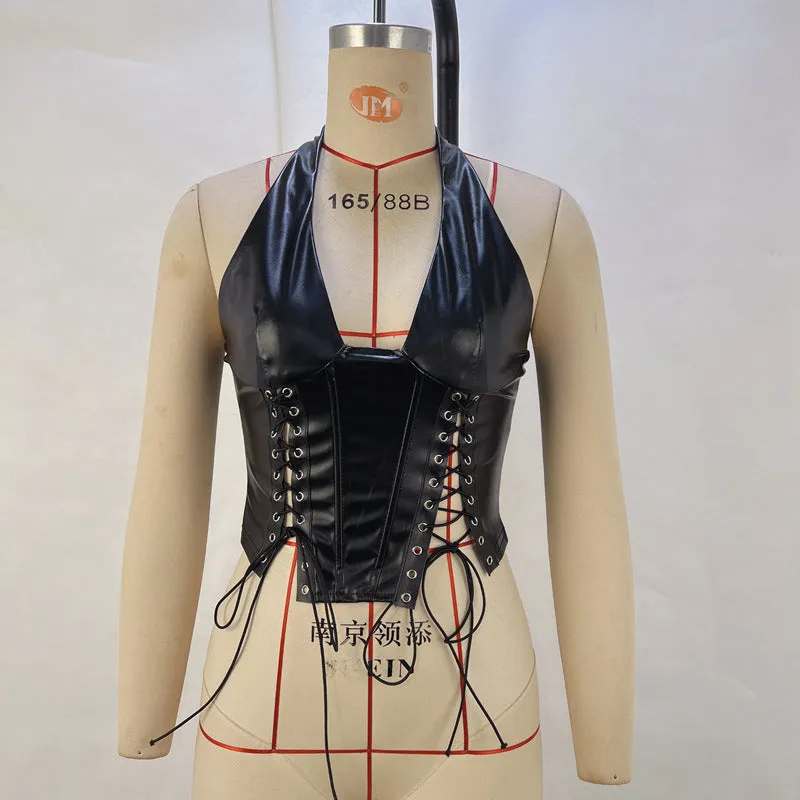 PEOPLETERRITORY  2025 women's clothing, fashionable PU leather neck-hanging sexy straps, tight waist small vest women's clothing