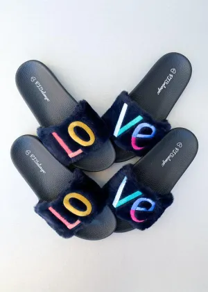 PJ Salvage Navy Fur Rainbow Love Slippers ***FINAL SALE***