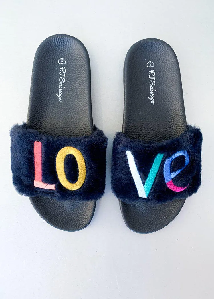 PJ Salvage Navy Fur Rainbow Love Slippers ***FINAL SALE***
