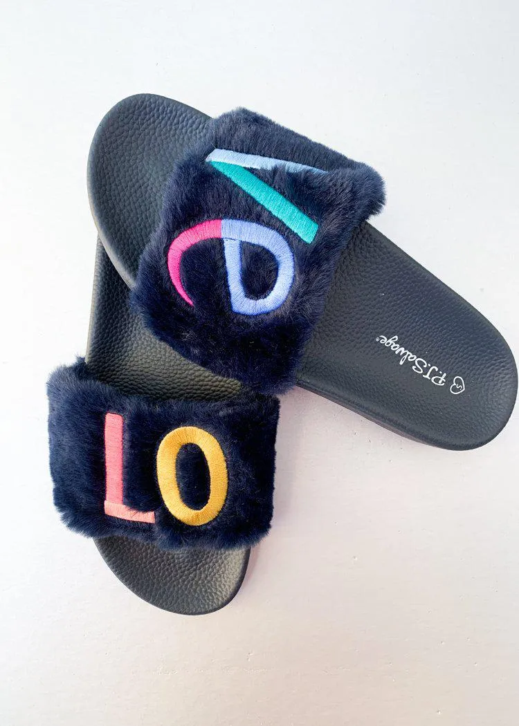 PJ Salvage Navy Fur Rainbow Love Slippers ***FINAL SALE***
