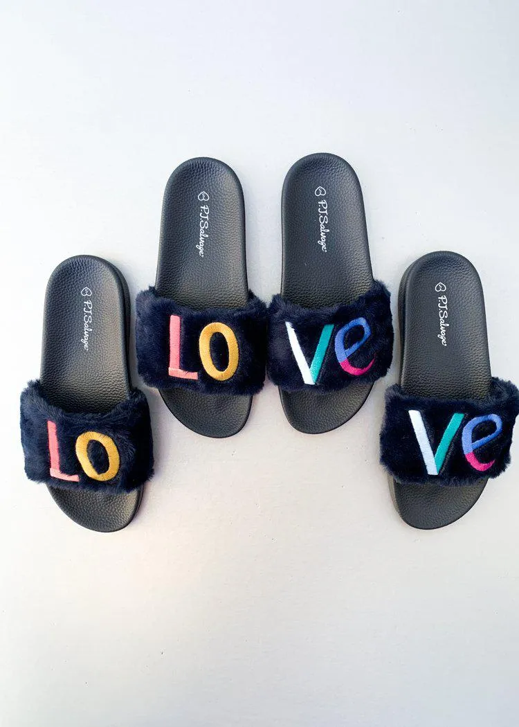 PJ Salvage Navy Fur Rainbow Love Slippers ***FINAL SALE***