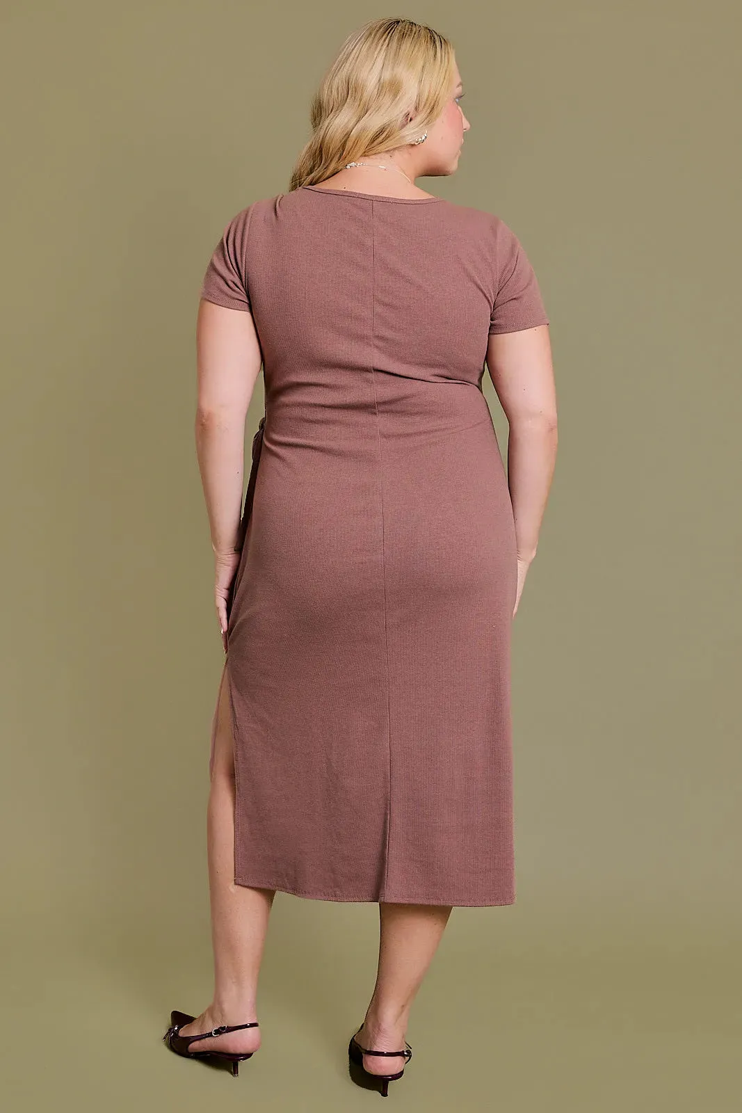 Plus Size Ribbed Waist Tie Midi Dress