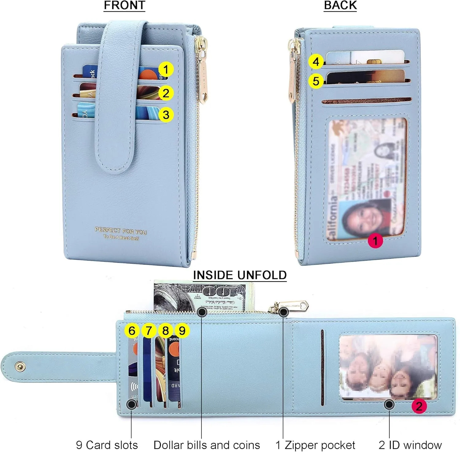RFID Card Holder Wallet for Women Slim Wallets Bifold Multi Card Case Zipper Coin Purse