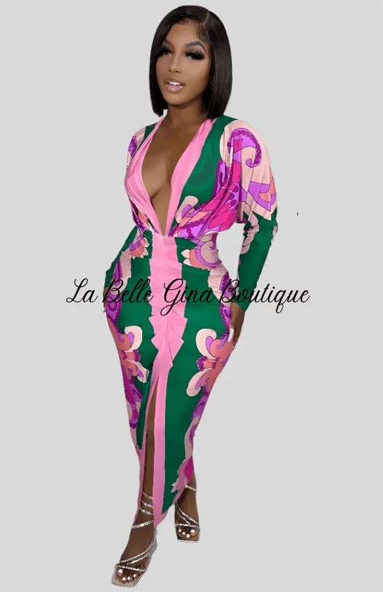Sara V-neck tight fitting dress Multi-dark-FINAL SALE