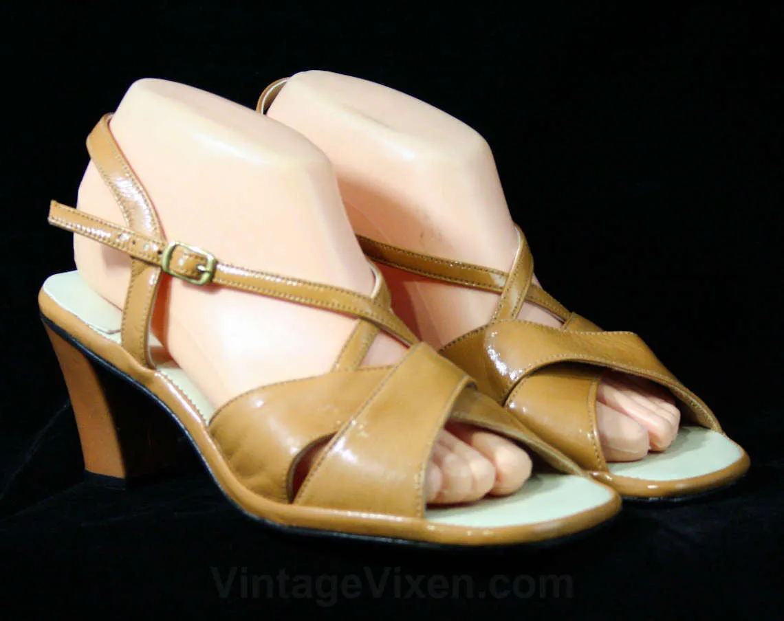 Size 9 Caramel Sandals - Glossy Tan 1970s Shoes - Criss Cross Slingback Heels - Peep Toe Summer Pumps - 70s Hush Puppies - NOS Deadstock