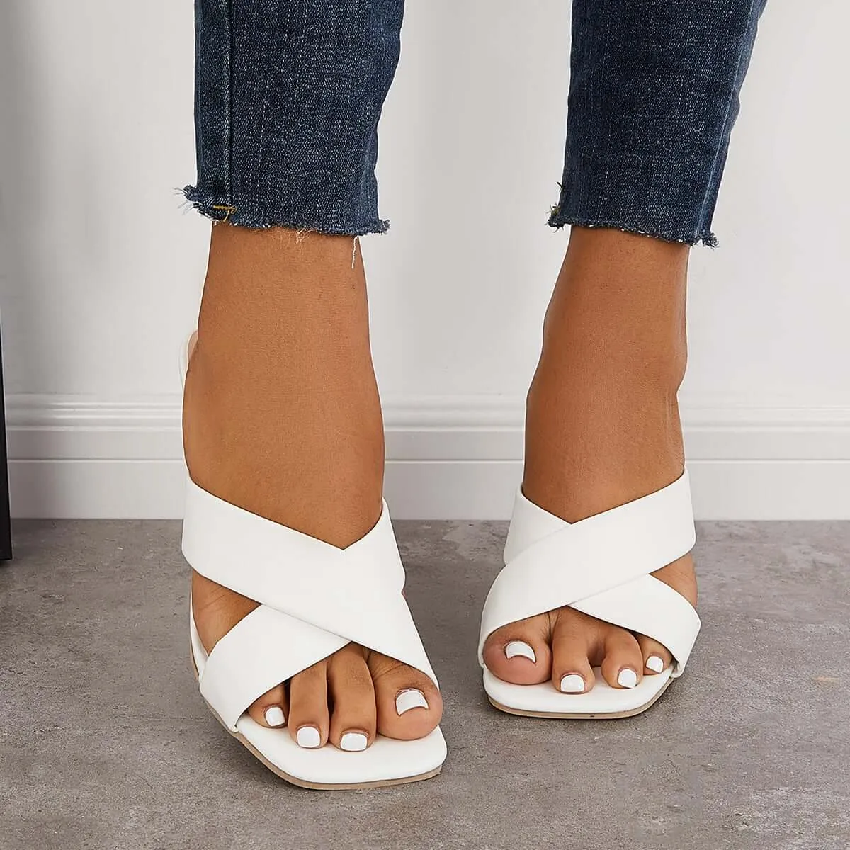 Sohiwoo Women Square Toe Cross Slip On Mid Heel Slipper Dress Sandals