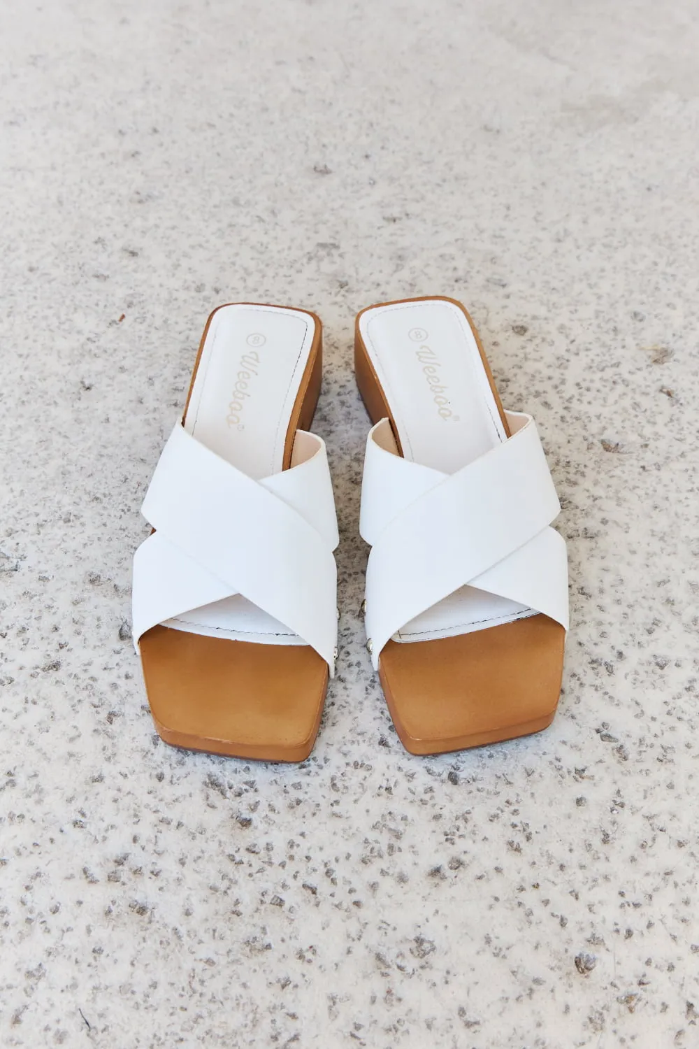 Step Into Summer Criss Cross Wooden Clog Mule in White