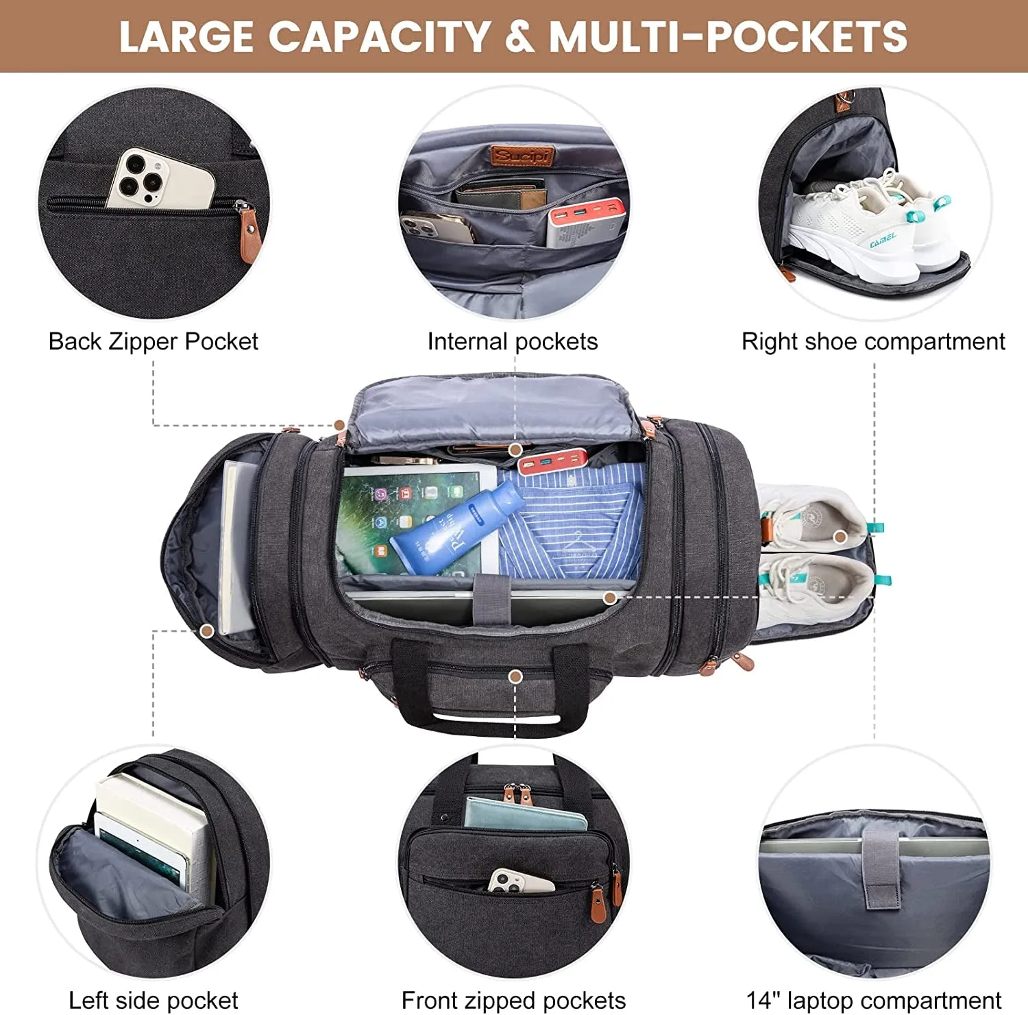 Sucipi Duffle Bag for Men Canvas Travel Duffel Bag 43L Overnight Carry on Bag with Shoe Compartment Weekender Bag with Toiletry Bag for Airplanes