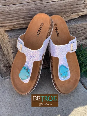 White Glitter Birkenstock Style Thong Sandal with or without Stone