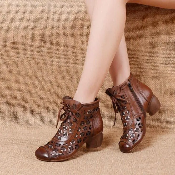Women's Casual Shoes 2021 Ankle Boots Genuine Leather Med High Heel Back Zipper Boots Breathable Shoes