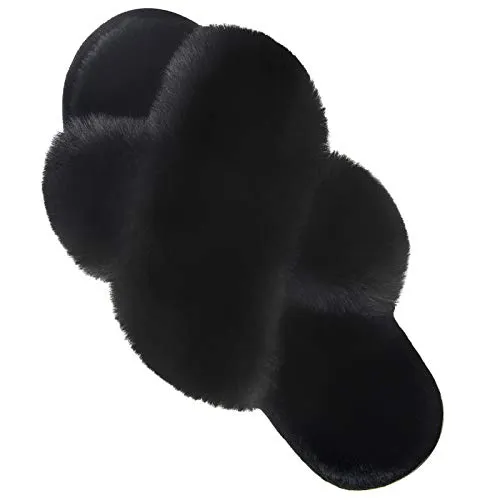 Women's Cross Band Slippers Soft Plush Furry Cozy Open Toe House Shoes Indoor Outdoor Faux Rabbit Fur Warm Comfy Slip On Breathable Black 5-6