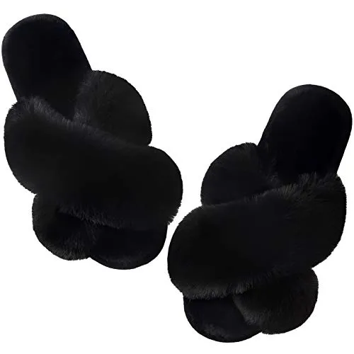 Women's Cross Band Slippers Soft Plush Furry Cozy Open Toe House Shoes Indoor Outdoor Faux Rabbit Fur Warm Comfy Slip On Breathable Black 5-6